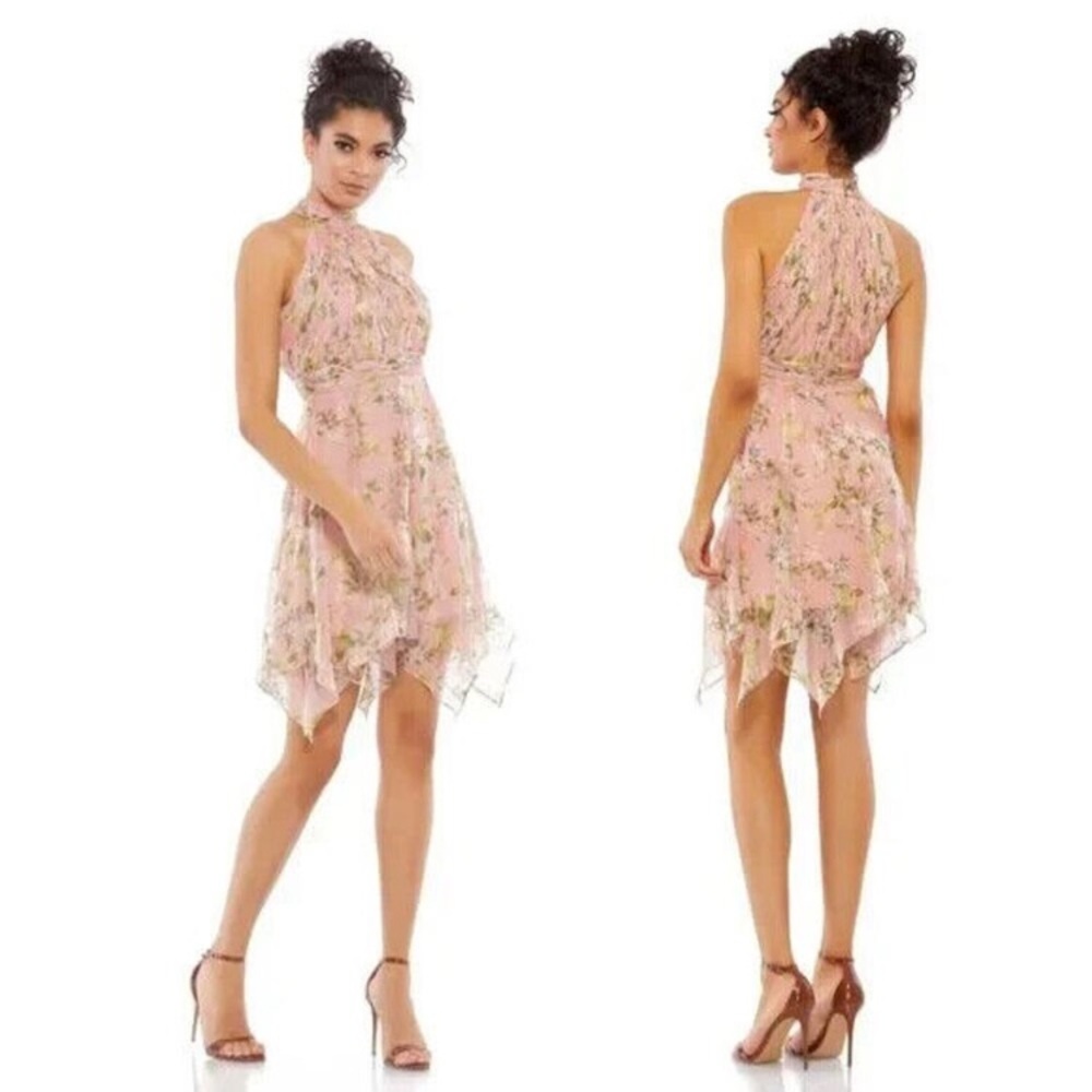 Mac Duggal Asymmetrical Pink Floral Halter Dress